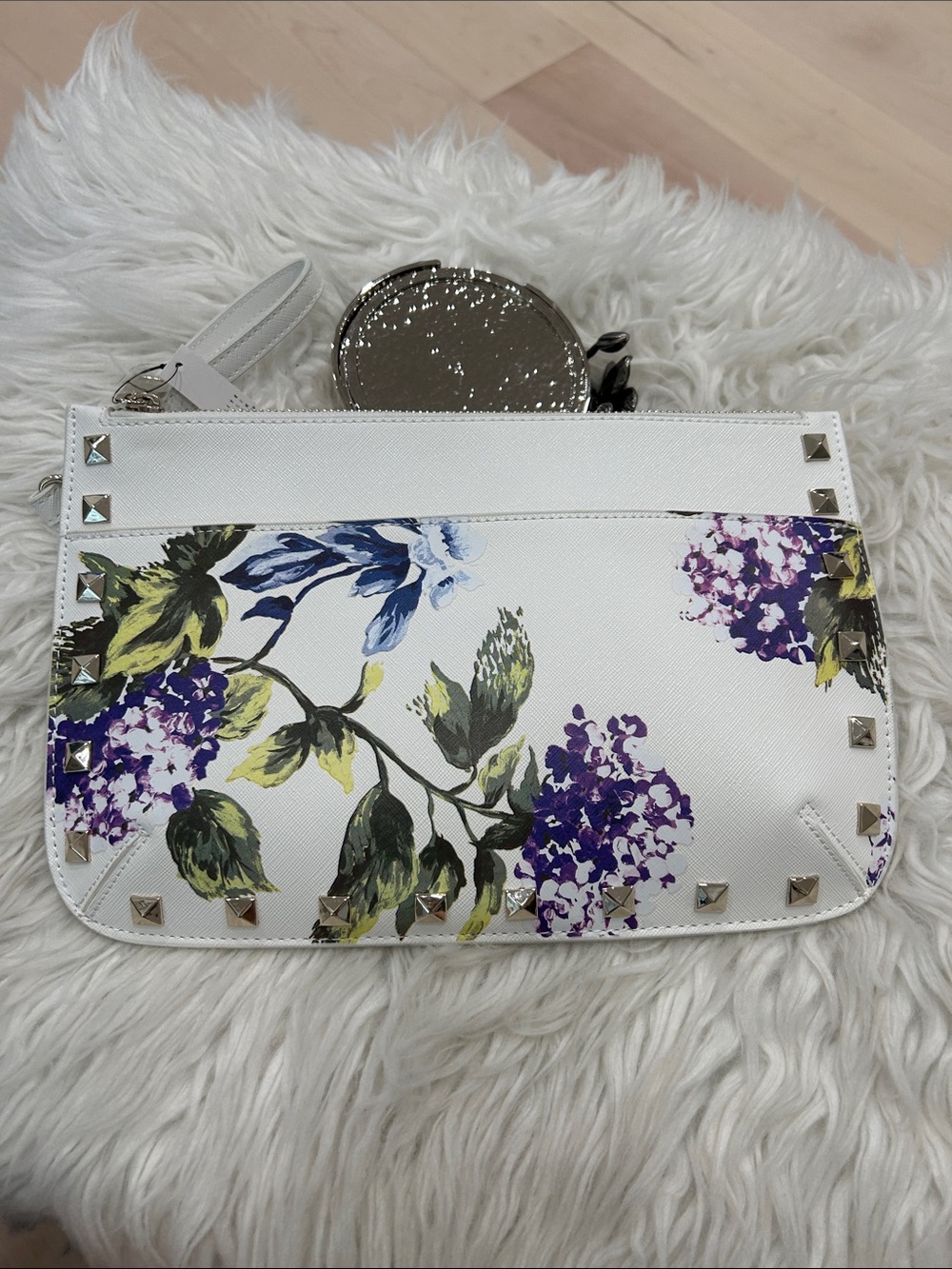White House Black Market White Floral Studded Wristlet with Purple & Green Print - Picture 1 of 5